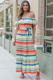 Print Lace-up Ruffled Off Shoulder Maxi Dress