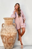 Crinkled Buttoned V Neck Long Sleeve Romper