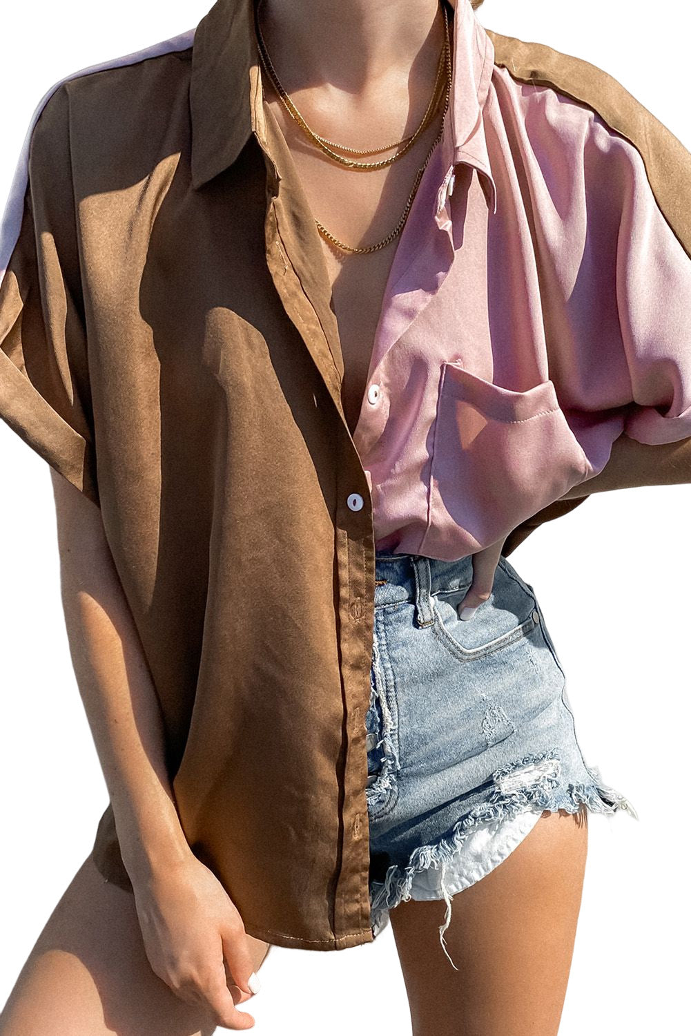 Satin Color Block Short Sleeve Shirt