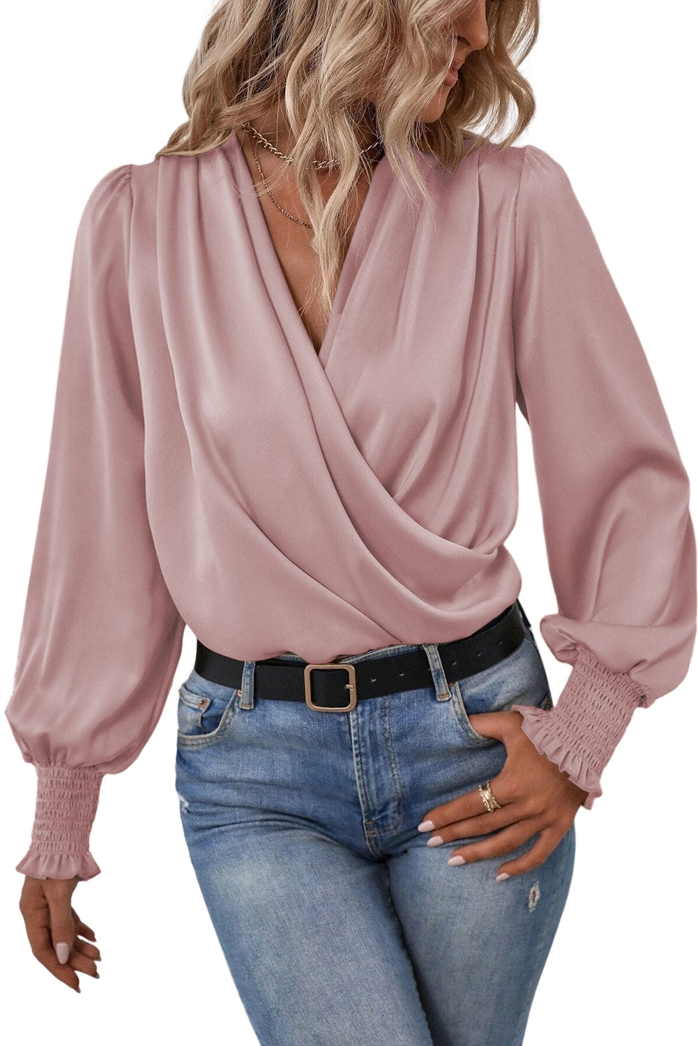 Solid Surplice Neck Shirred Cuffs Draped Blouse