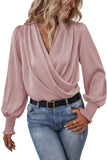 Solid Surplice Neck Shirred Cuffs Draped Blouse