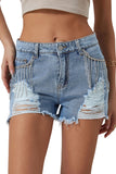 Rhinestone Tassel Distressed Denim Shorts