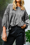 Black Checkered Puff Sleeve Tiered Loose Babydoll Blouse