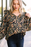 Plus Size Split Neck Ruffled Bubble Sleeve Floral Blouse