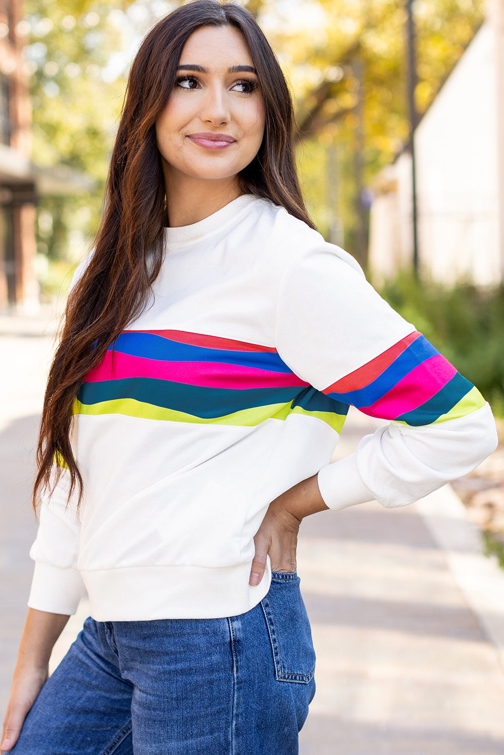 Green Colorful Striped Accent Long Sleeve T Shirt