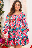 Rose Flower Print Smocked Square Neck Plus Size Dress