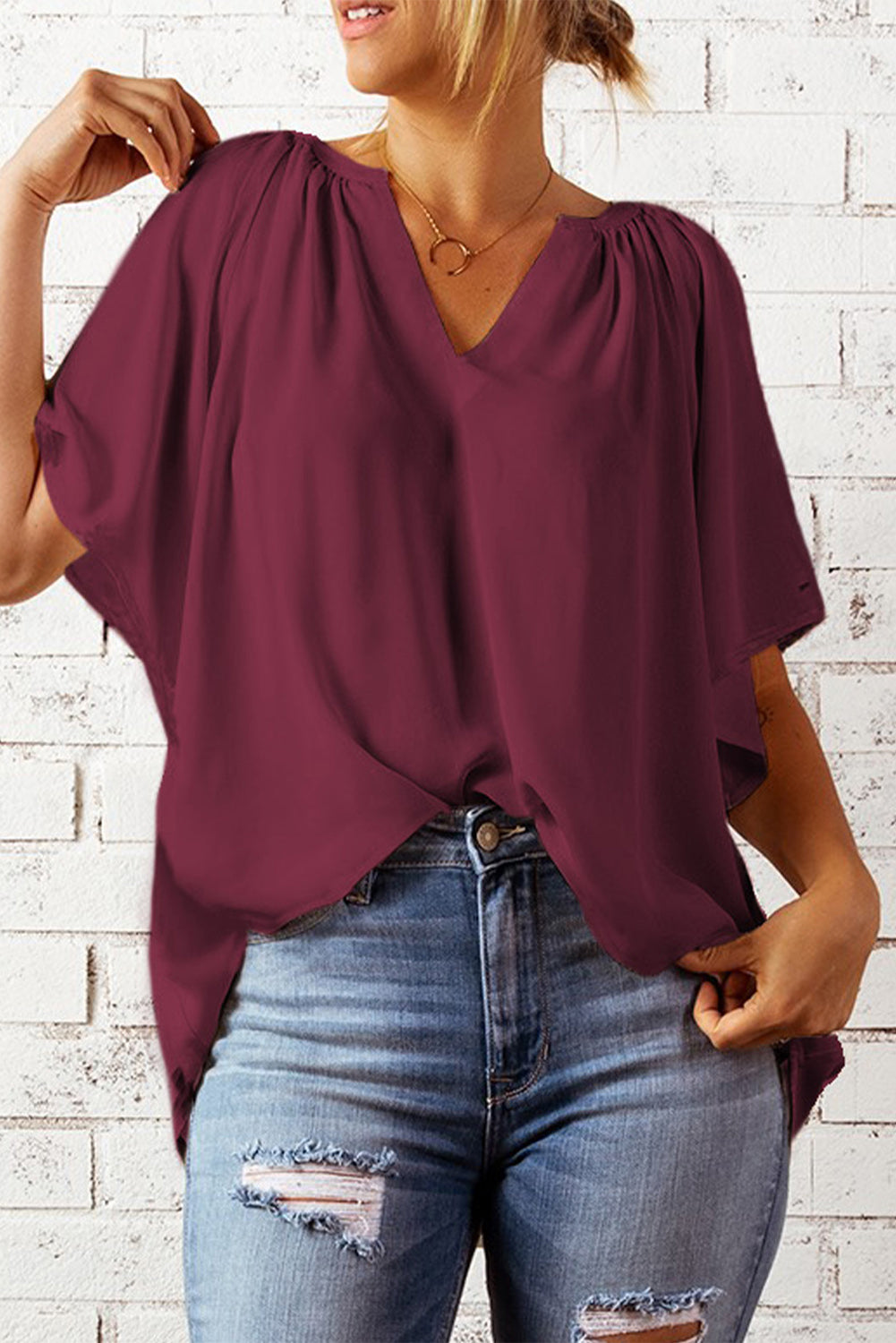 Split Neck Pleated Loose Top