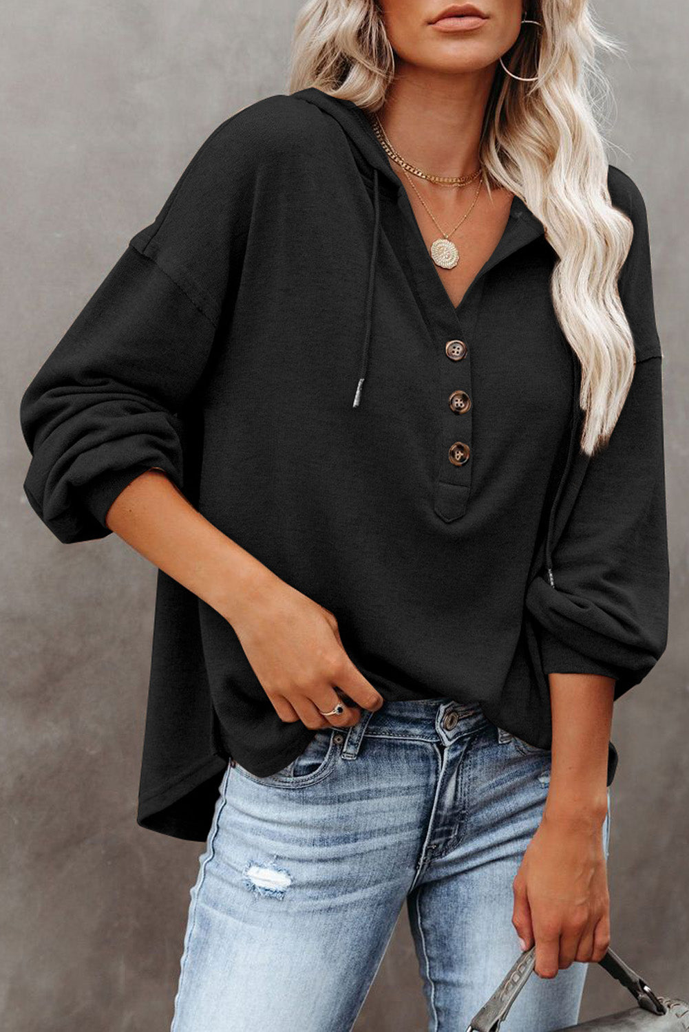 Black Buttoned High and Low Hem Hoodie