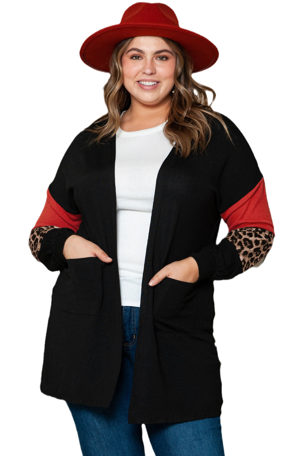 Cardigan Léopard Noir à Manches Color Block Grande Taille