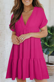 Fresh and sweet V-neck solid color large swing casual skirt dress