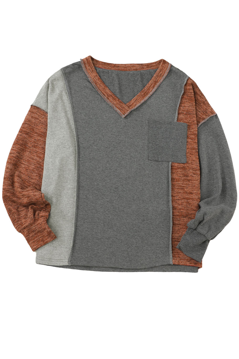 V Neck Color Block Patchwork Loose Pullover