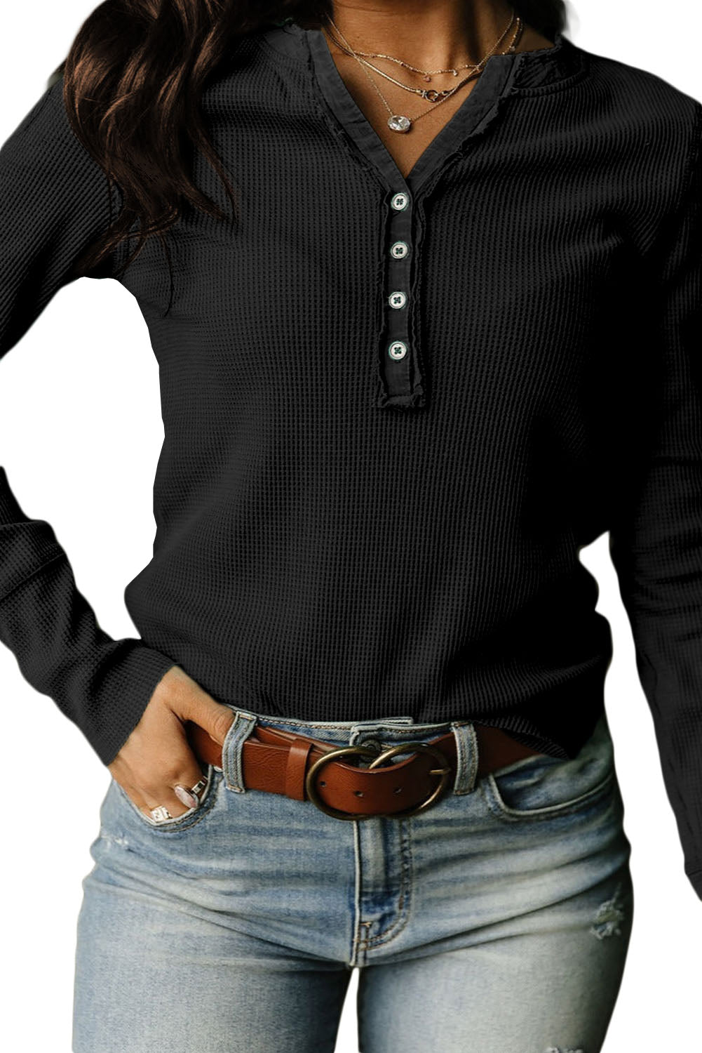 Trimmed Neckline Waffle Knit Henley Top