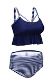 Cutout Ruffle Crop Top and Striped High Waist Bikini Set