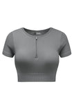 Zipped Notch Short Sleeve Ribbed Yoga Top