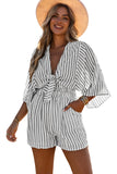 3/4 Wide Kimono Sleeves Tie Front Striped Romper with Pockets