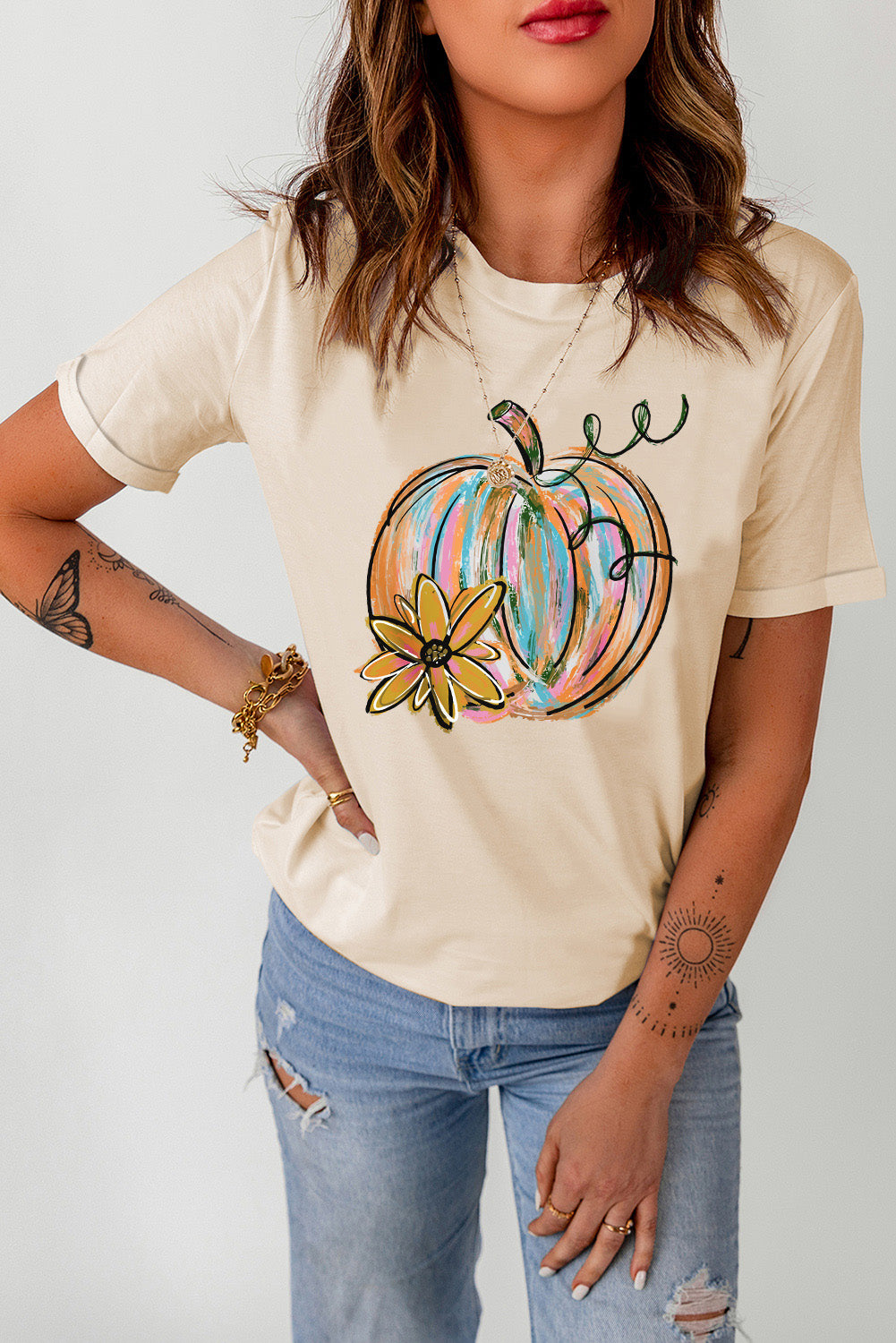 Pumpkin with Flower Graphic T Shirt