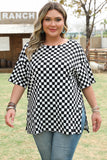 Black Checkered Print Side Slits O Neck Plus Size T Shirt