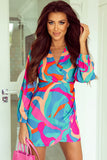 Abstract Print Wrap V Neck Puff Sleeve Dress