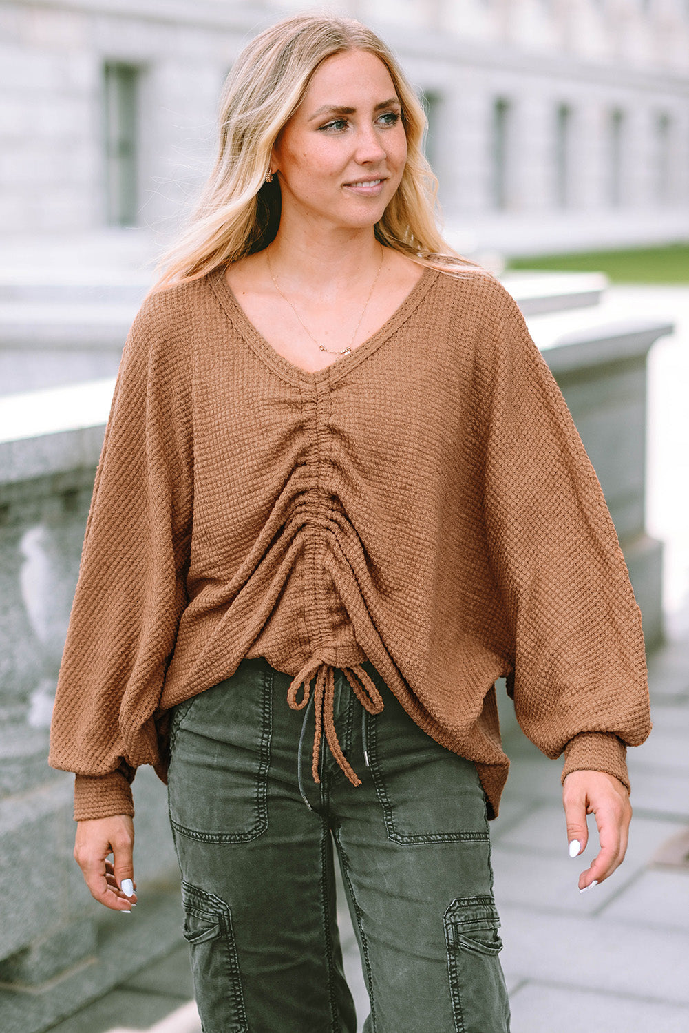 V-Neck Drawstring Dolman Sleeve Waffle Knit Top