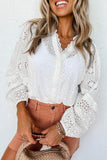 Eyelet Lace Puff Sleeve Split Neck Blouse