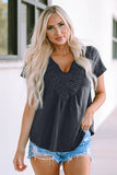 Gray Lace Crochet Patchwork V Neck T Shirt