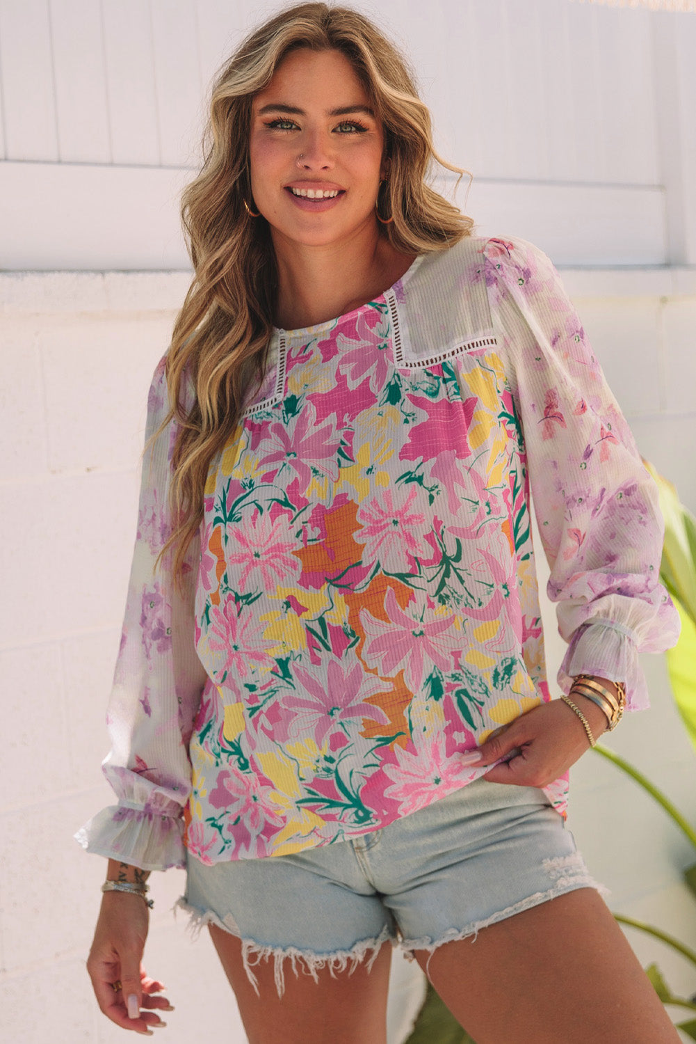 Floral Patchwork Lace Trim Blouse