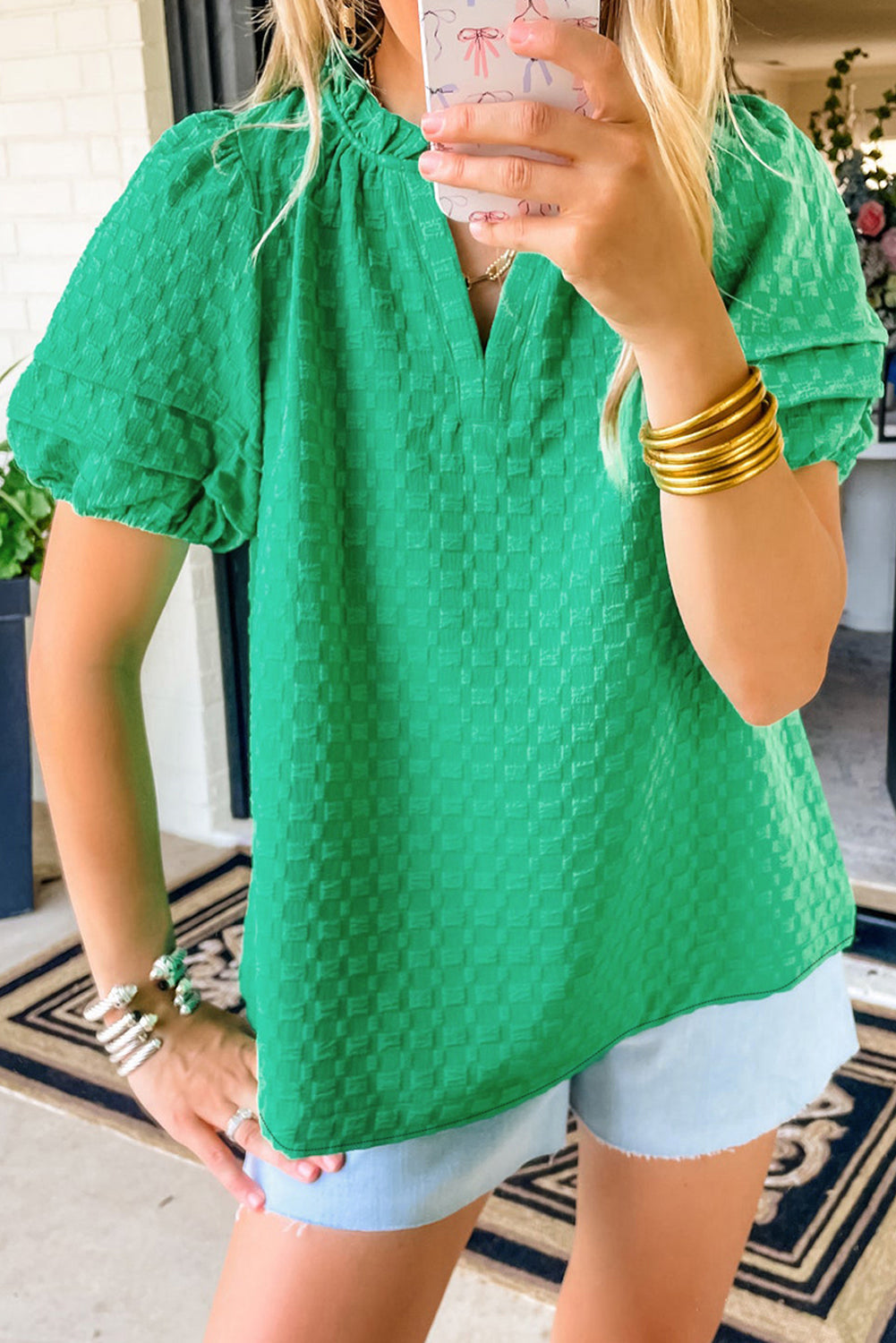 Bright Green Textured Puff Short Sleeve Notched V Neck Top