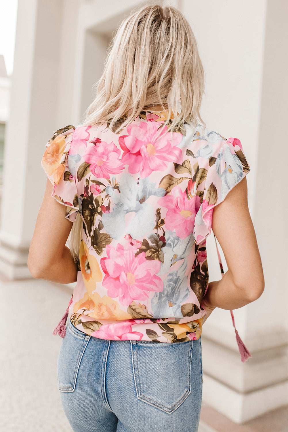 Pink Floral Print Tiered Ruffled Long Sleeve Blouse