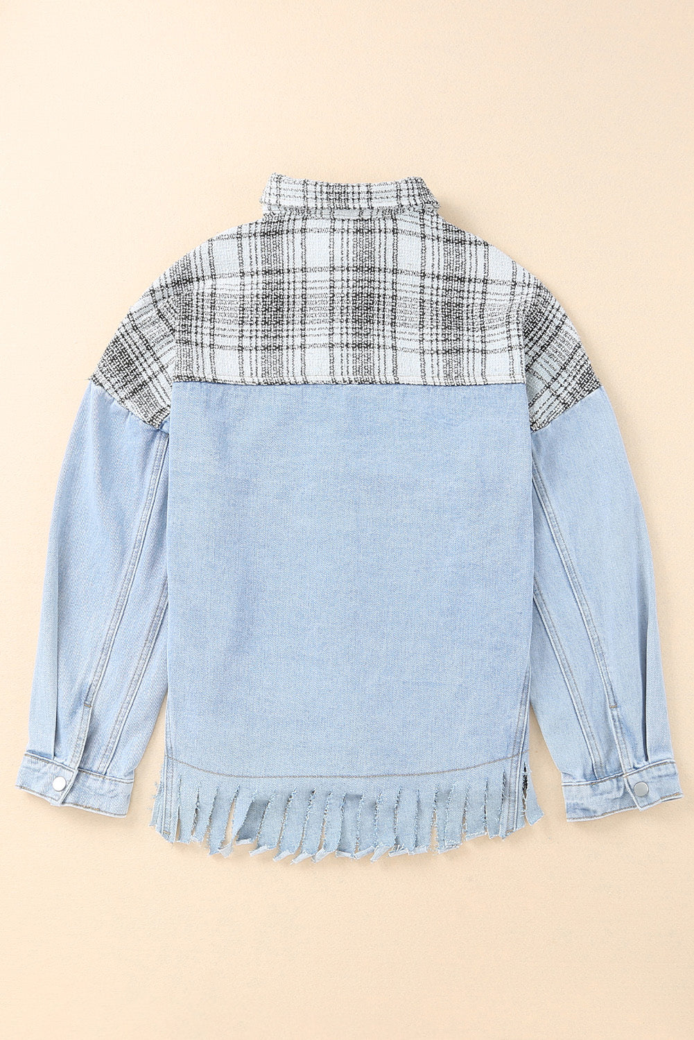 Plaid Patchwork Fringed Flap Pockets Denim Jacket