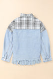 Plaid Patchwork Fringed Flap Pockets Denim Jacket