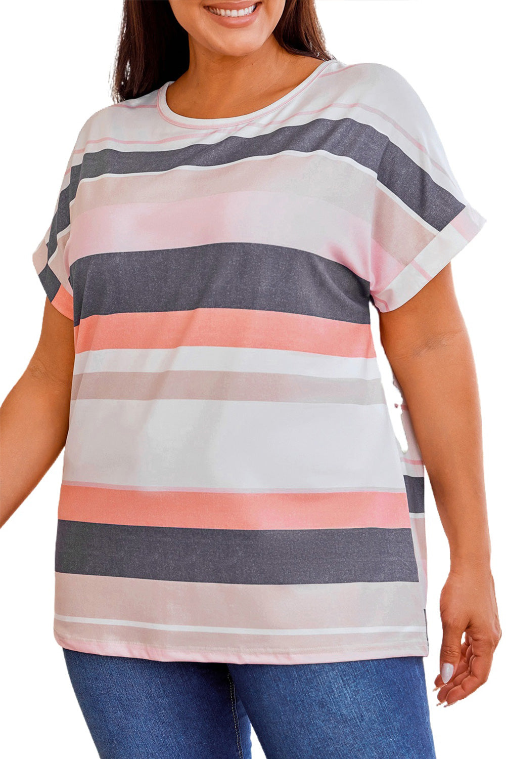 Plus Size Striped Colorblock Print T-shirt