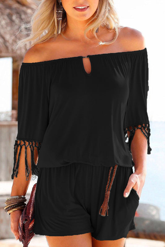 Off-Shoulder Fringed Sleeve Pocketed Romper