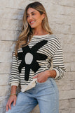 Black white Striped Big Flower Patched 3/4 Sleeve Top