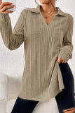 Ribbed Knit V Neck Collared Split Hem Tunic