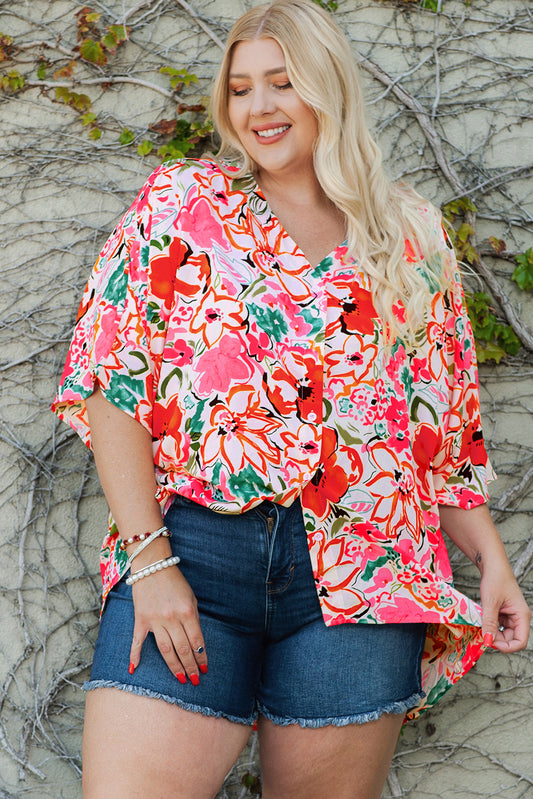 Plus Size Floral Print Kimono Sleeve Shirt