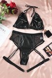 Halter Strappy Faux Leather Mesh Lingerie Set