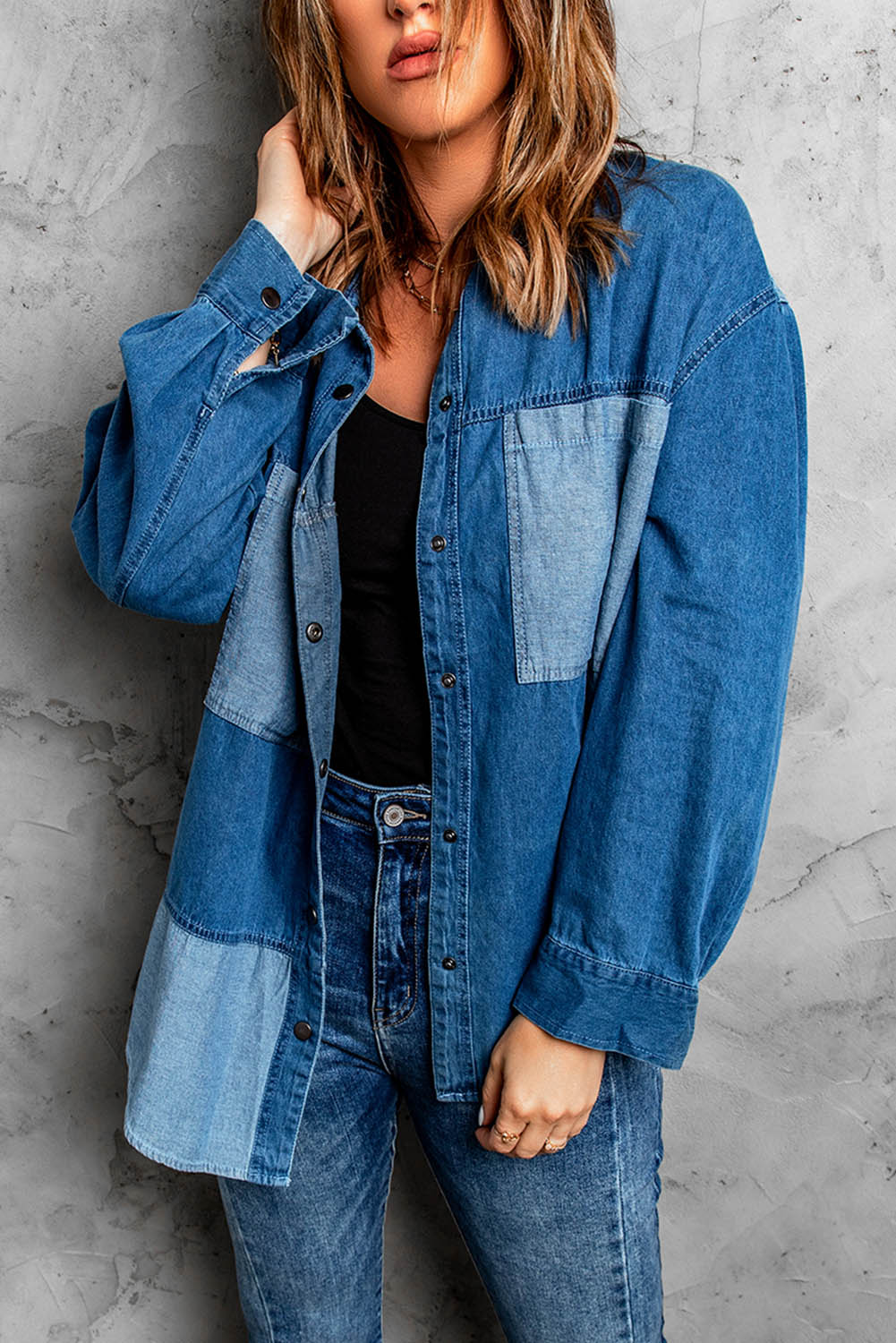 Color Block Buttoned Denim Jacket