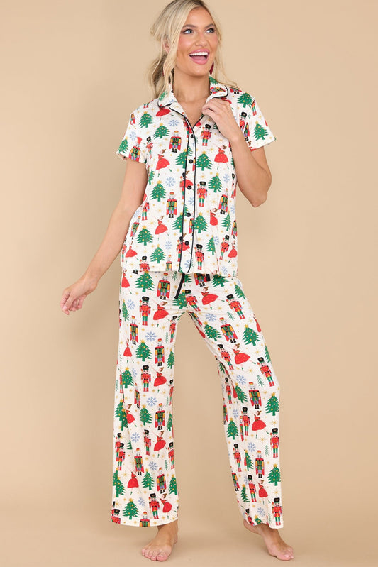 White Printed Christmas Pattern Buttoned Two Piece Sleepwear