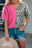 Leopard Color Block Roll Tab Sleeve V Neck Top