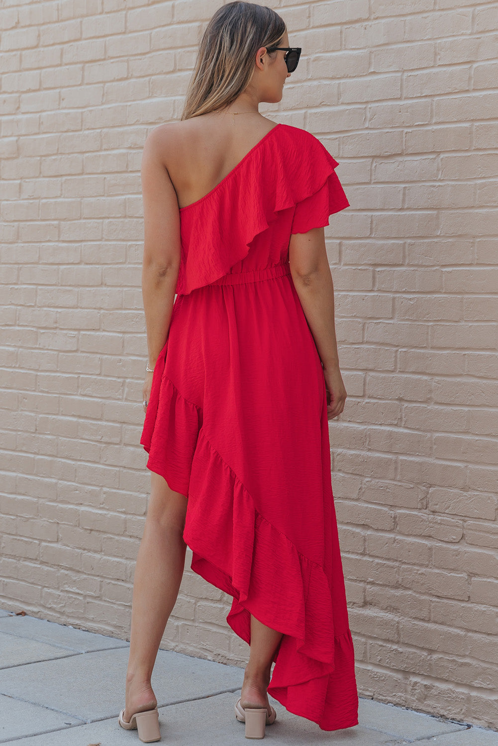 One Shoulder Ruffle High Low Maxi Dress