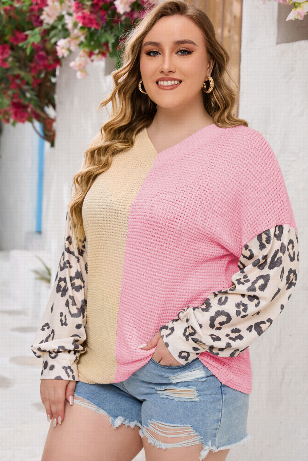 Plus Size Leopard Sleeve Color Block Waffle Knit Top