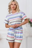 Striped Print Tee and Shorts Lounge Set