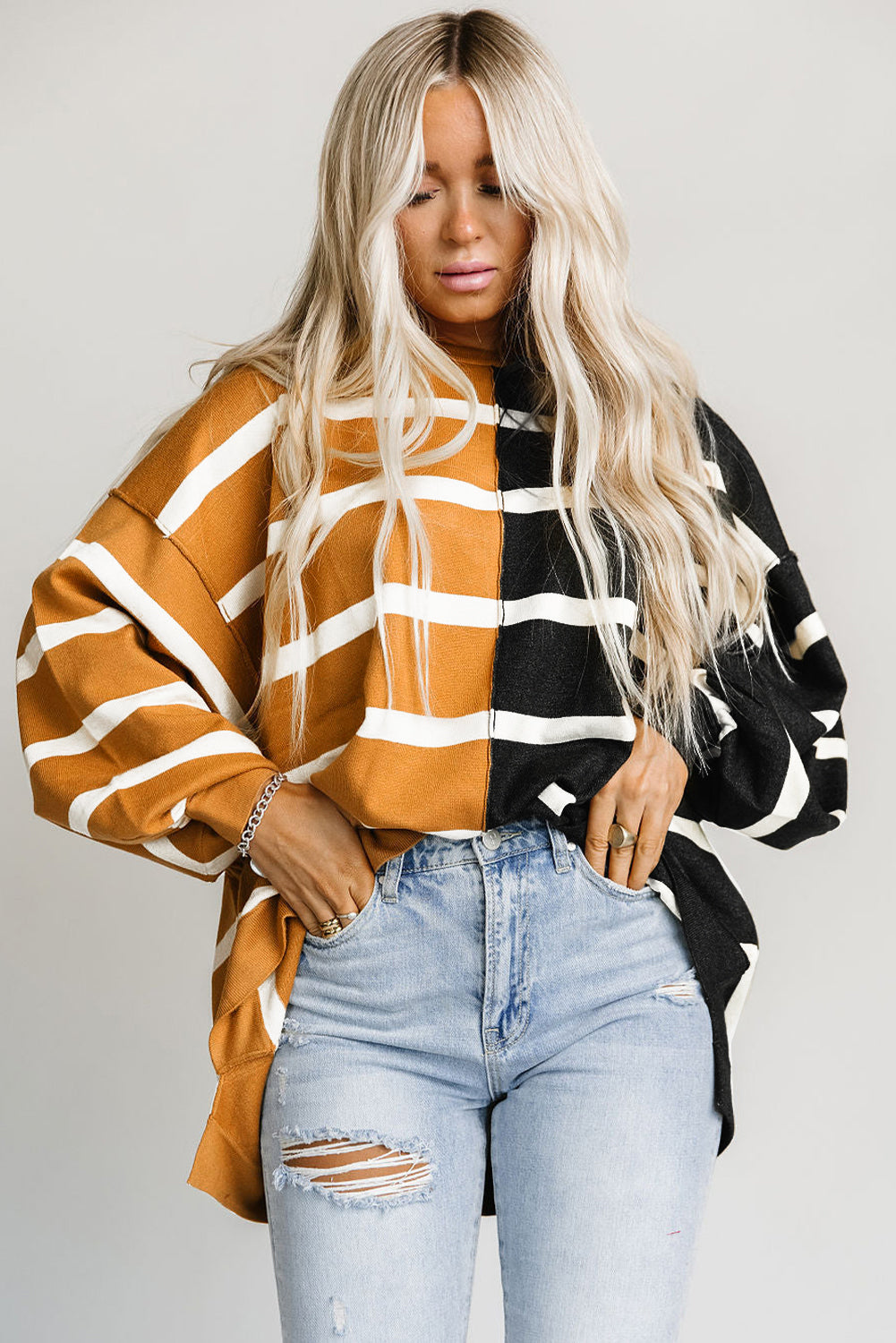 Stripe Oversized Contrast Printed Dropped Shoulder Top