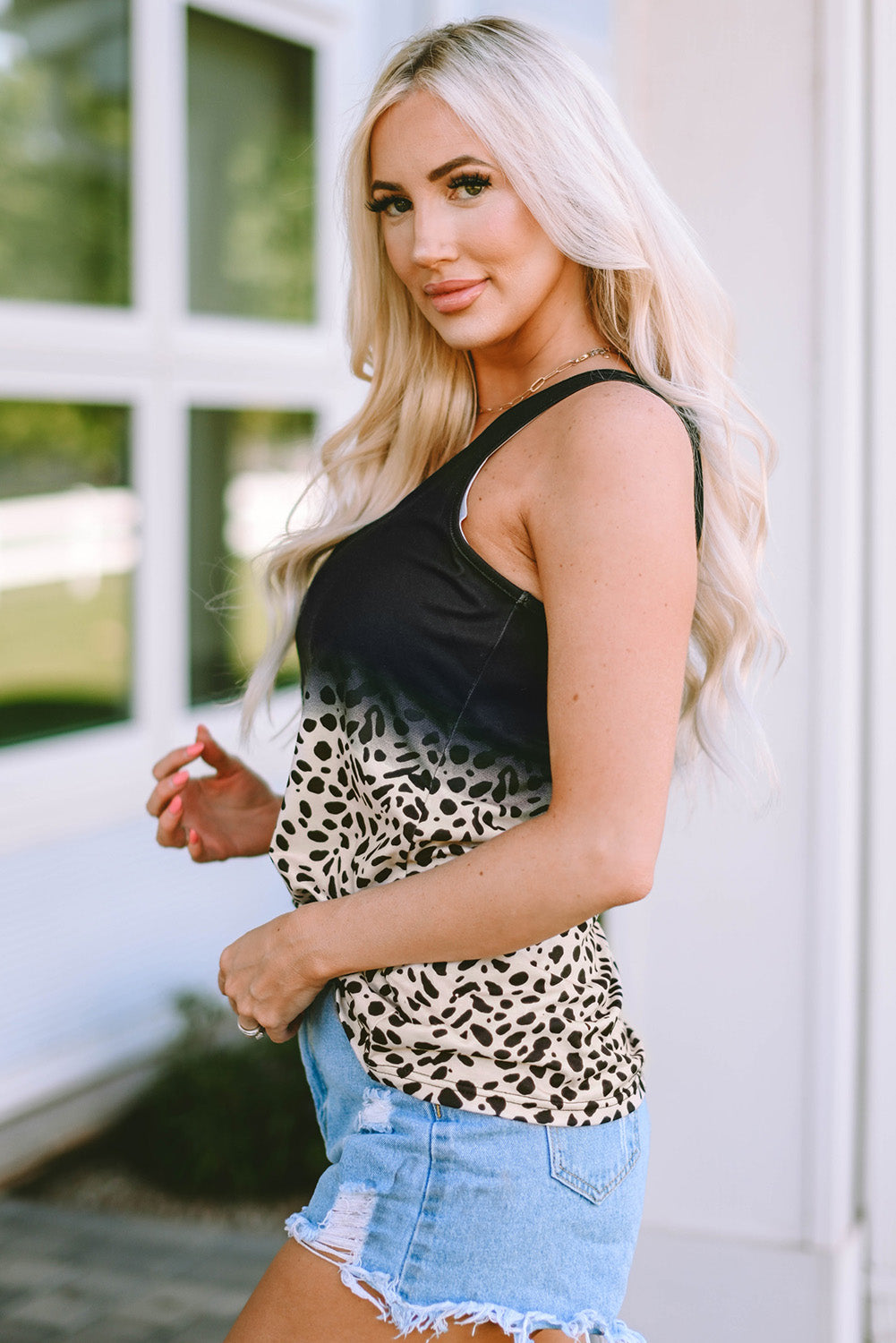 Gradient Leopard Lace V Neckline Tank Top