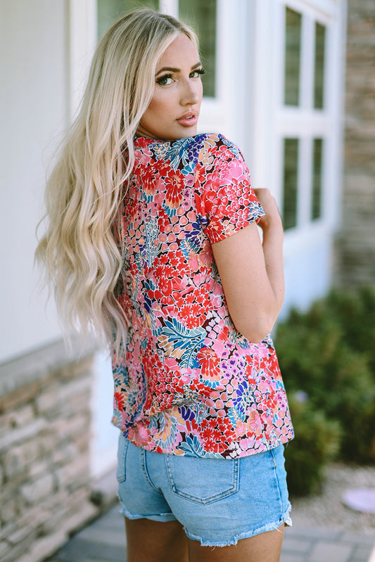 Red Short Sleeve Slim Fit Floral T Shirt