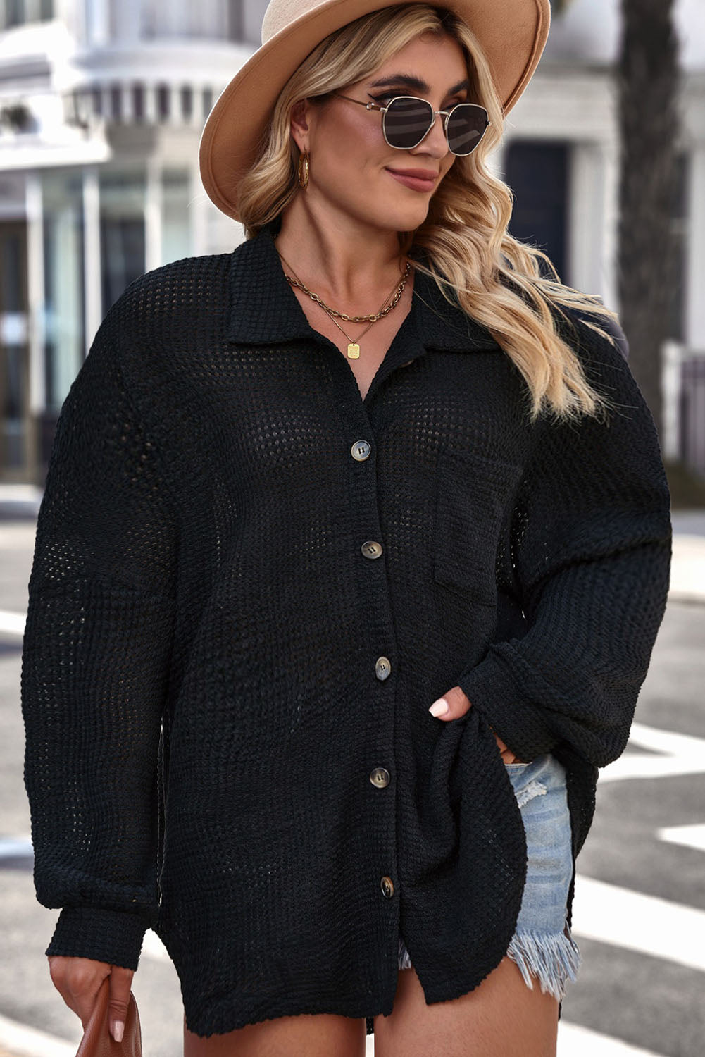 Black Waffle Knit Button Up Casual Shirt