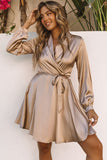 Satin V Neck Wrap Long Sleeve Dress with Tie