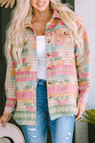 Multicolor Plus Size Flap Pockets Aztec Print Jacket