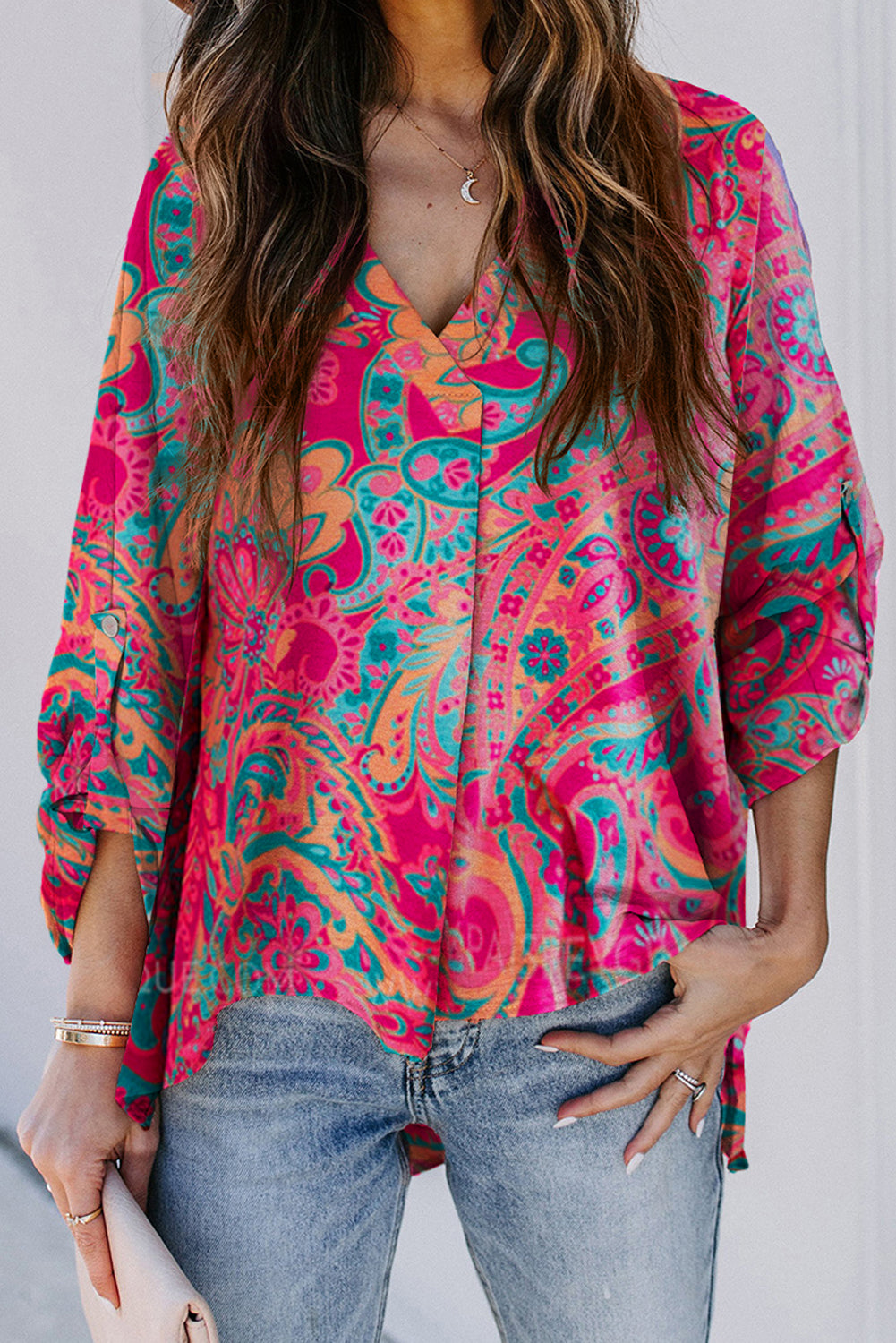 Paisley Print Tab Sleeve V-Neck Blouse