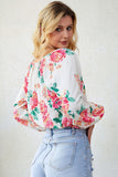 Notch V Neck Floral Pleated Puff Sleeve Blouse